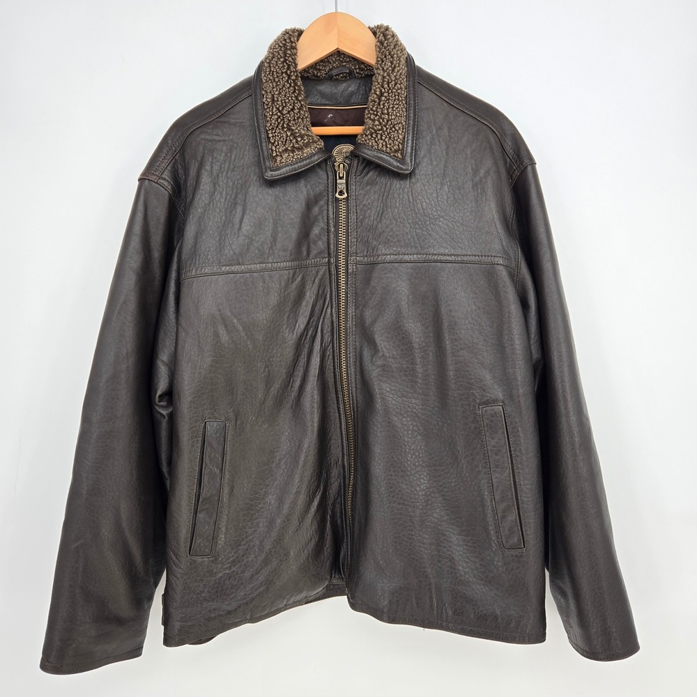 Vintage Weatherproof Garment Co Brown Leather Bomber Jacket Mens L Sherpa Collar